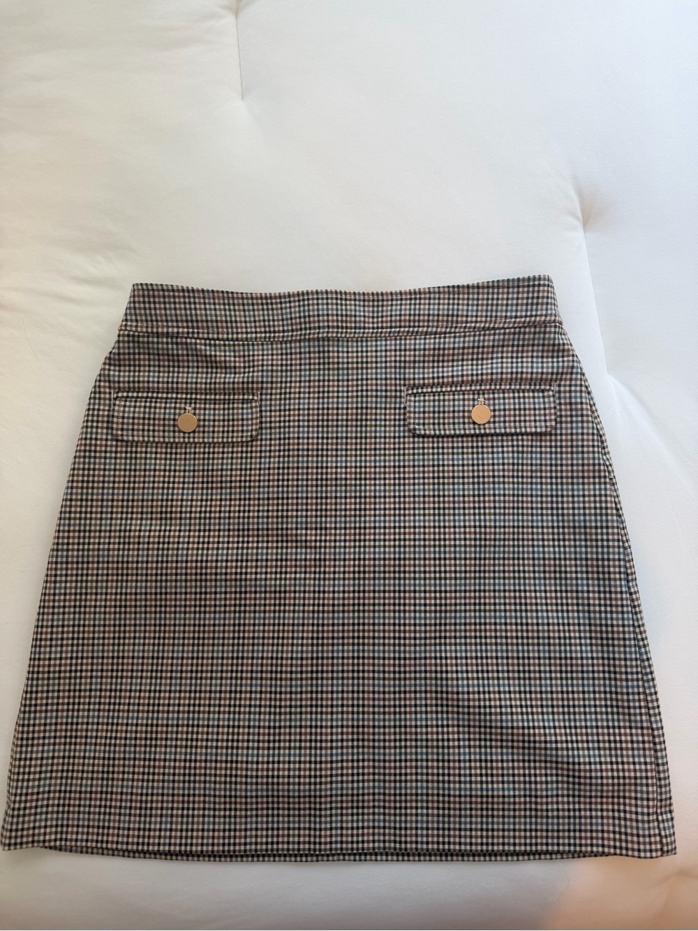 LOFT Mini Skirt in Brown and Black Houndstooth with Gold Buttons